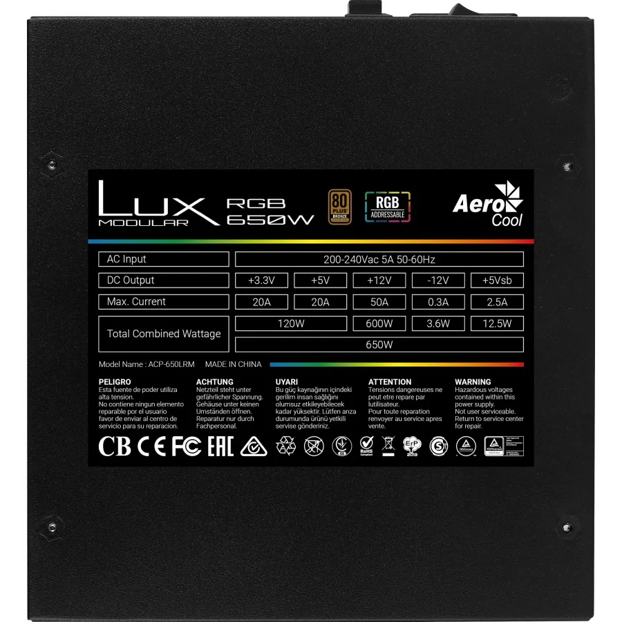 Comprar Aerocool LUXRGB650M Fuente Alimentación PC Modular RGB 650W 80Plus  Bronze 230V Negro