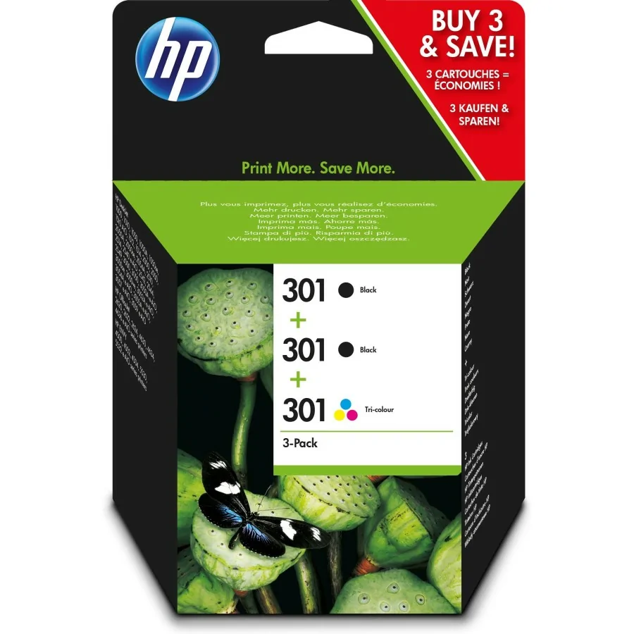 HP Pack de ahorro de 3 cartuchos de tinta original 301 negro
