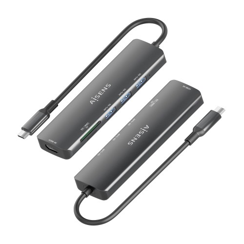 AISENS USB-C Dock 6 en 1, USB-C A, 1x HDMI, 3x USB-A, 1x SD, 1x MicroSD, Gris, 15cm