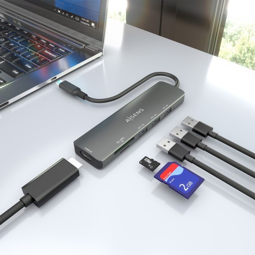 AISENS USB-C Dock 6 en 1, USB-C A, 1x HDMI, 3x USB-A, 1x SD, 1x MicroSD, Gris, 15cm