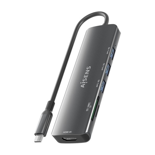 AISENS USB-C Dock 6 en 1, USB-C A, 1x HDMI, 3x USB-A, 1x SD, 1x MicroSD, Gris, 15cm