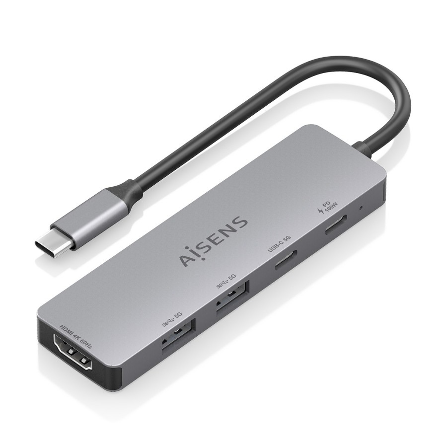 AISENS USB-C Dock 5 en 1, USB-C a 1xHDMI 2xUSB-A 1xUSB-C 1xUSB-C PD, Gris, 15cm