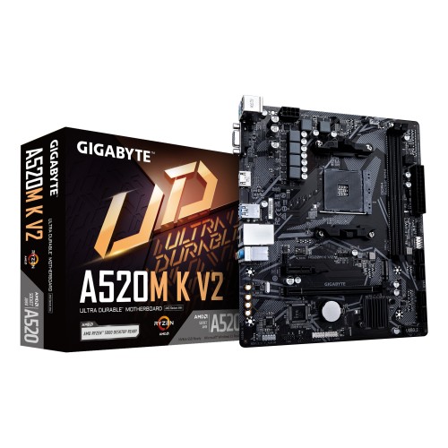 GIGABYTE Placa base A520M K V2 - Compatible con CPUs AMD Ryzen serie 5000 AM4, hasta 5100MHz DDR4 (OC), PCIe Gen3 x4 M.2, LAN